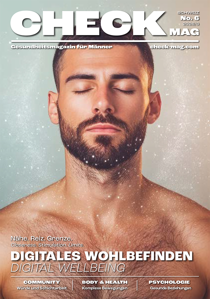 Magazincover von Check Magazin zum Thema digitales Wohlbefinden mit entspanntem Mann und Fokus auf mentale Gesundheit und Körperbewusstsein