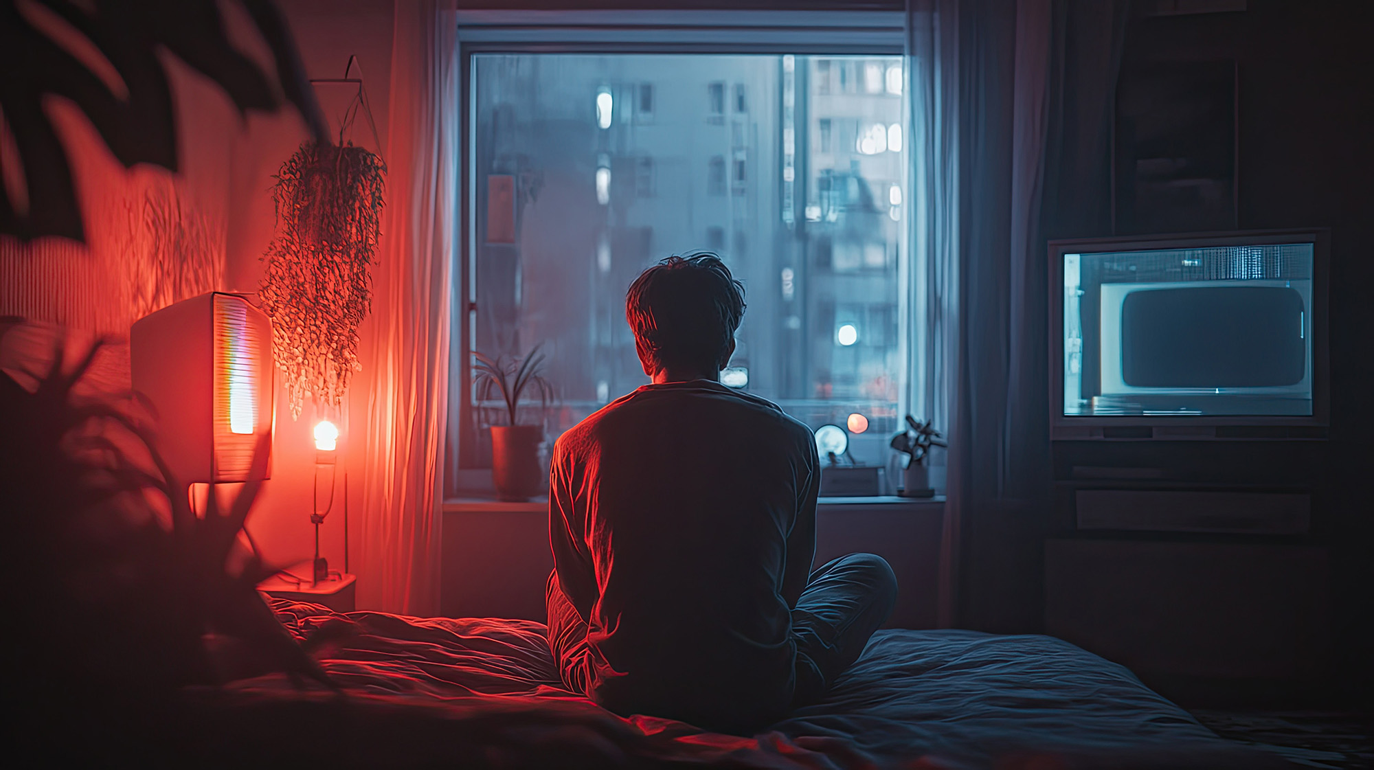 Allein im Zimmer nach Chemsex – Mann blickt nachts aus dem Fenster in die Stadt