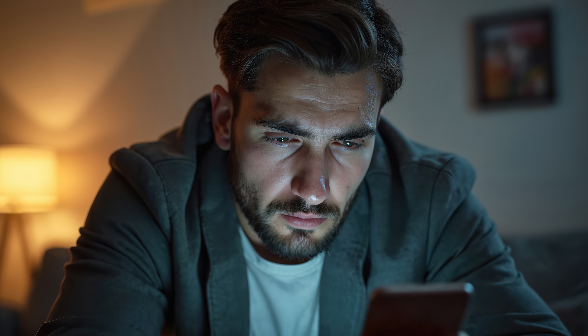 Mann blickt nachts konzentriert auf sein Smartphone, beleuchtet vom Display, Sinnbild für exzessive Smartphone-Nutzung und mentale Erschöpfung, Stress