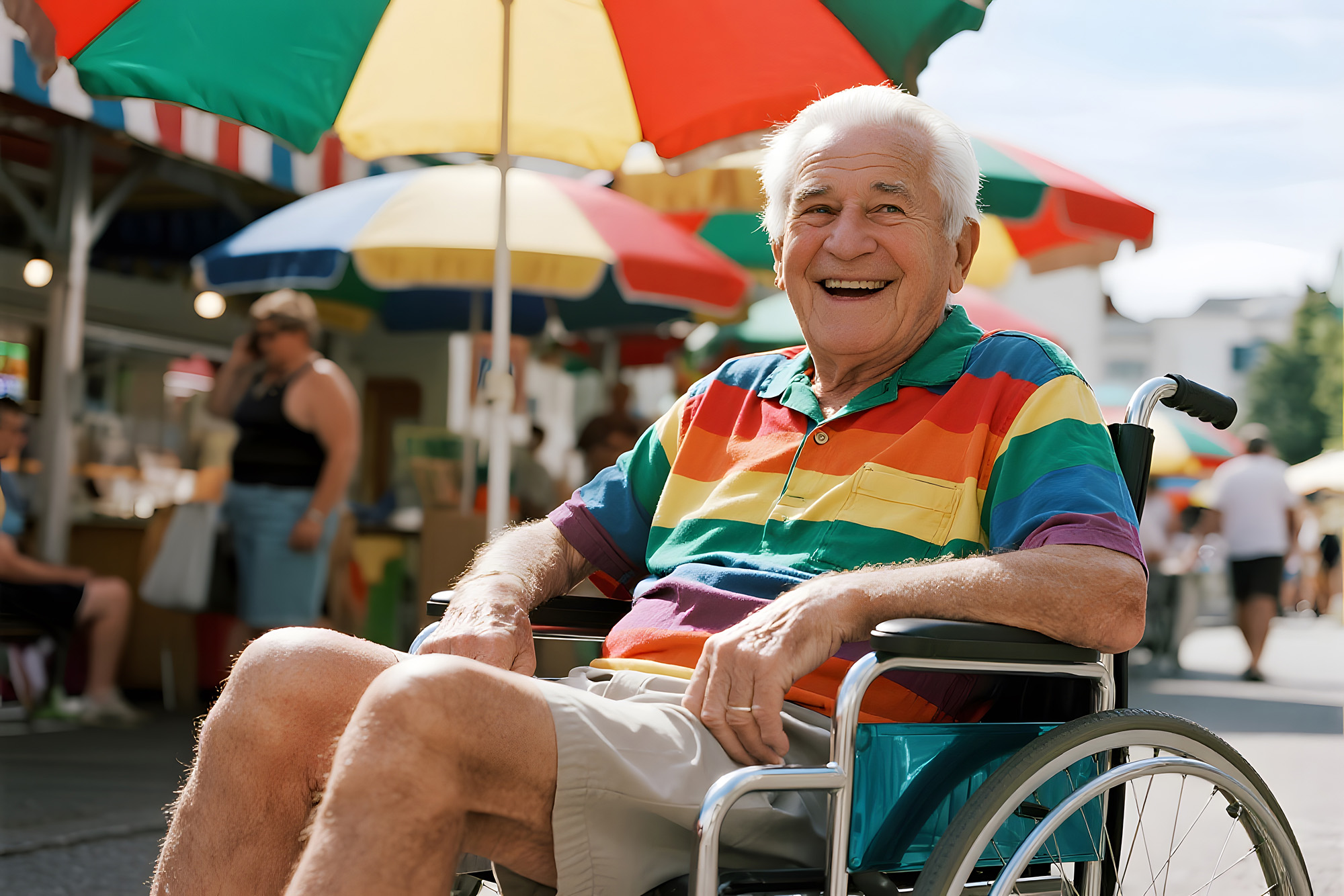 Älterer Mann im Rollstuhl mit Regenbogenhemd auf einem Markt – Symbol für Altern, Community und Pflege im queeren Leben