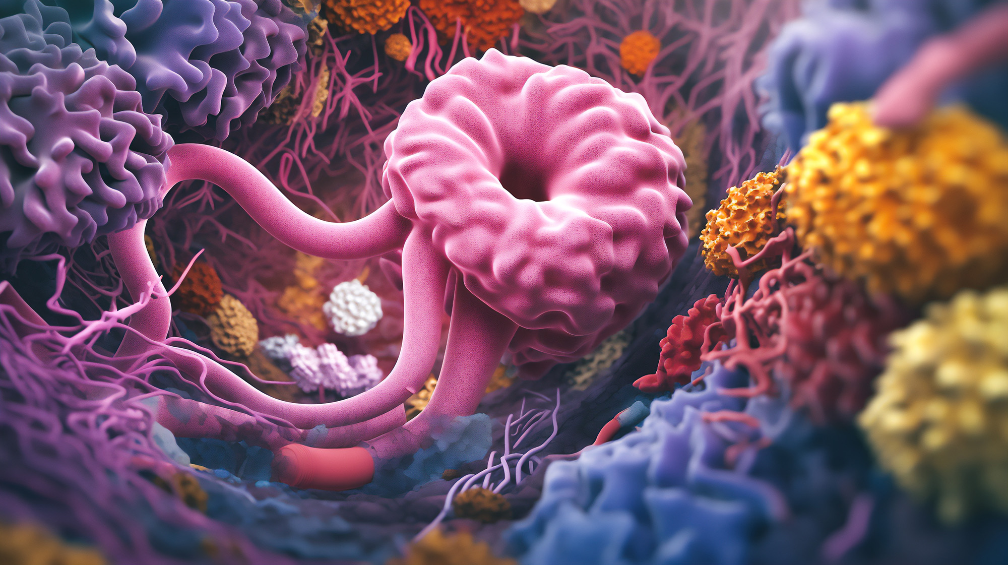 Morbus Crohn: 3D-Darstellung des Darms mit entzündlichen Veränderungen bei Morbus Crohn und mikrobieller Umgebung