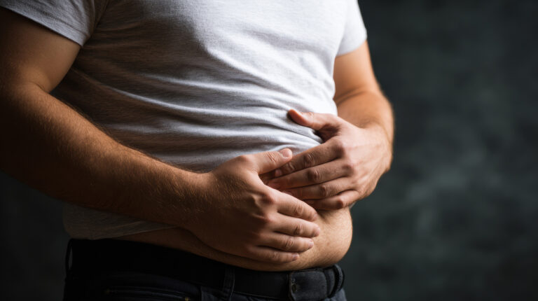 Mann hält sich den Bauch bei Beschwerden durch Sorbitintoleranz nach dem Verzehr zuckerfreier Produkte