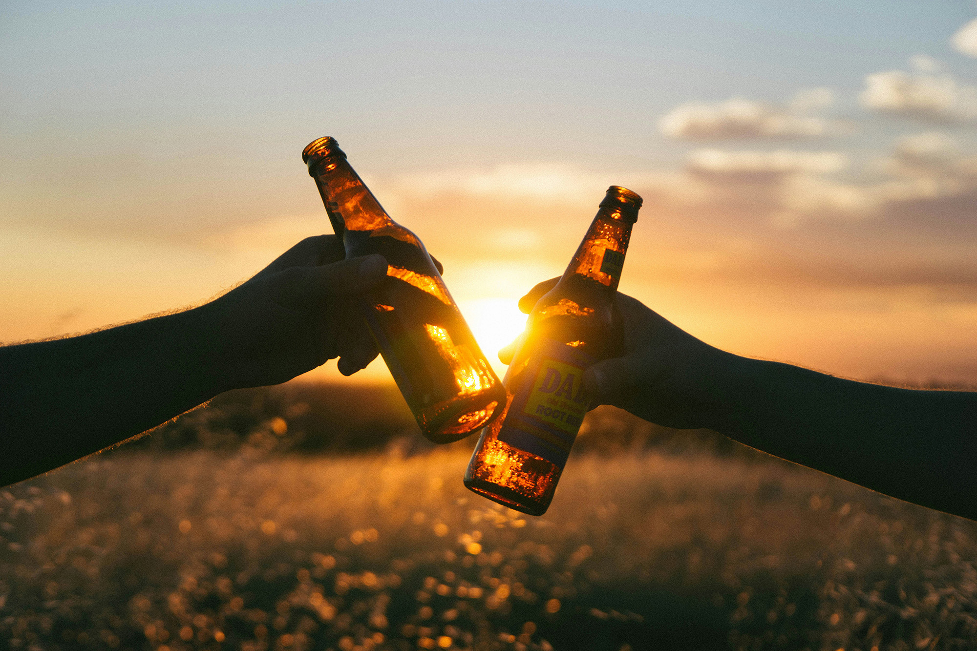 Zwei Menschen stoßen mit Bierflaschen an – Symbolbild für Alkohol, Genuss und gesellschaftliche Trinkkultur.