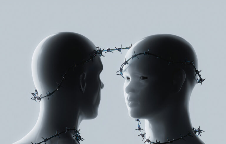 looksmaxxing Zwei gesichtslose menschliche Figuren mit stacheldrahtartigen Linien um Kopf und Hals stehen sich gegenüber – Symbolbild für Selbstoptimierung, Vergleichsdruck und Körperbilder in queeren Räumen.