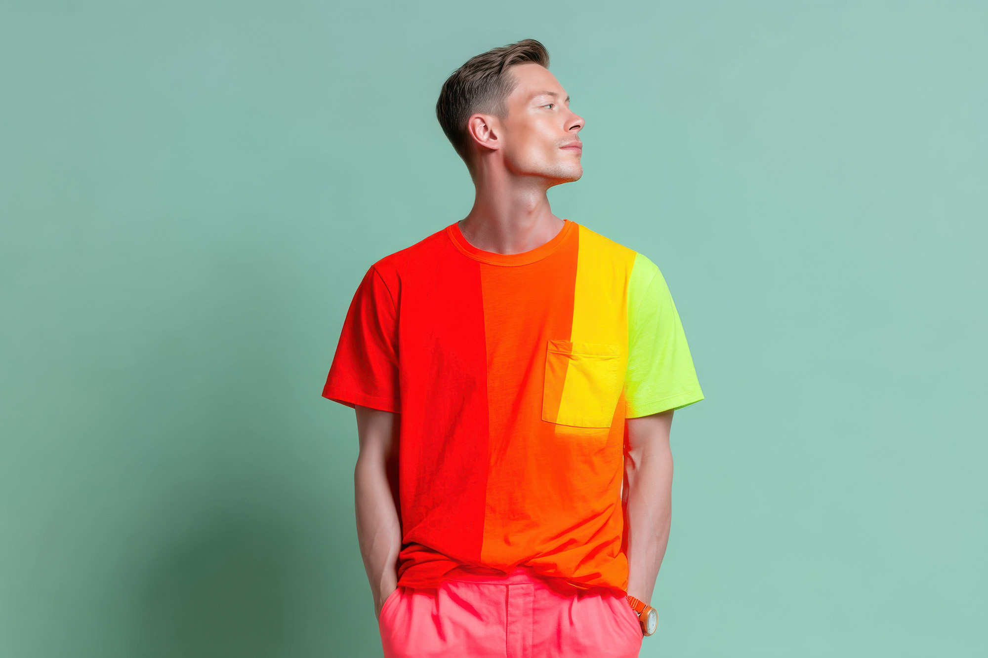 Selbstbewusster Mann in farbigem Sommeroutfit mit leuchtendem T-Shirt vor ruhigem Hintergrund, passend zum Thema schwuler Reisekoffer und Sommerurlaub
